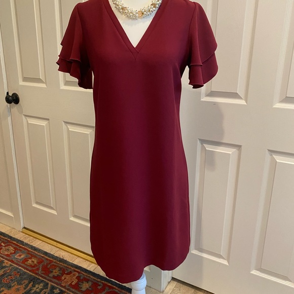 ANN TAYLOR Burgundy Flutter Sleeve Dress, Size 0P (zero Petite) - Picture 2 of 16